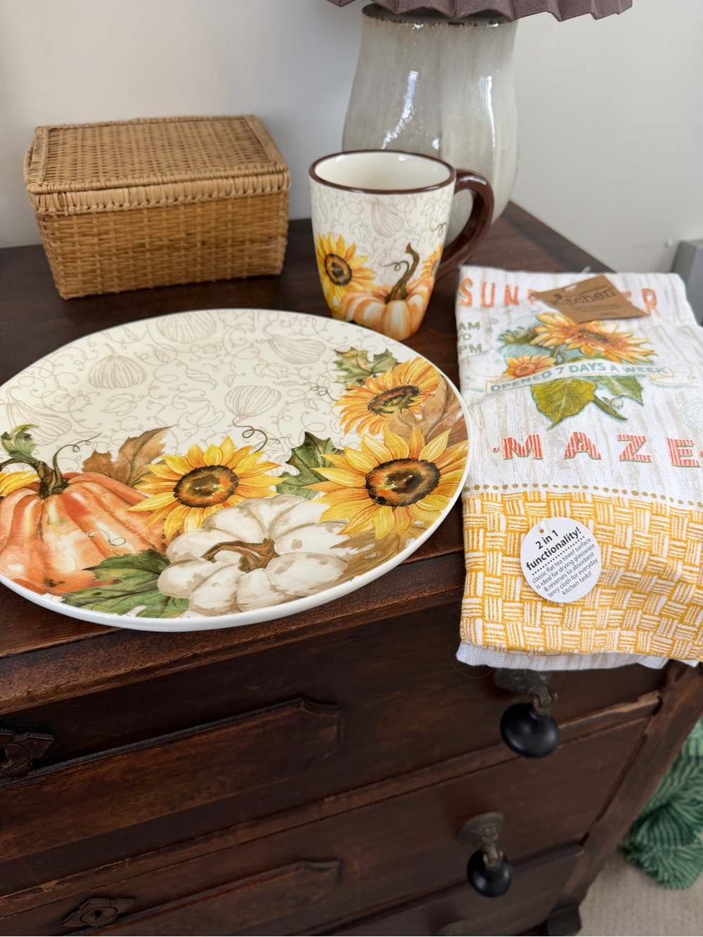 NWT Sunflower Pumpkin Serving Plate, Mug, and Kitchen Towel Set